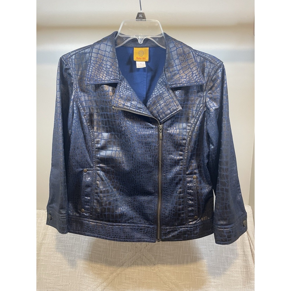 Ruby Rd. Faux Crocodile Print Zip Jacket Women's Sz 10 Shiny Black Blue Pockets